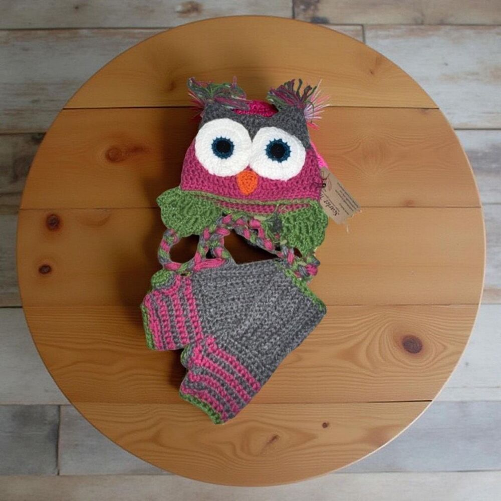 Little Kid Hand Crochet Owl Hat & Fingerless Mittens